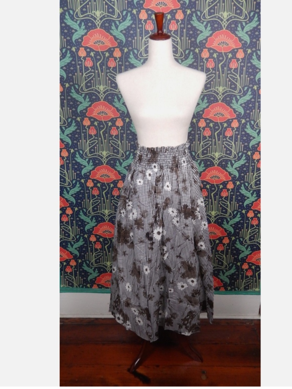 Pearl Lela Rose Black White Brown Gingham Voile Maxi Floral Skirt New S